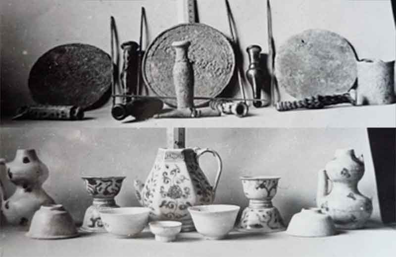 Photos de miroirs et autres petits objets en porcelaine prises par Vernier entre 1941 et 1946 à l’Académie malgache à Tsimbazaza. Ces objets proviennent des fouilles réalisées à Vohemar quelques années plus tôt.