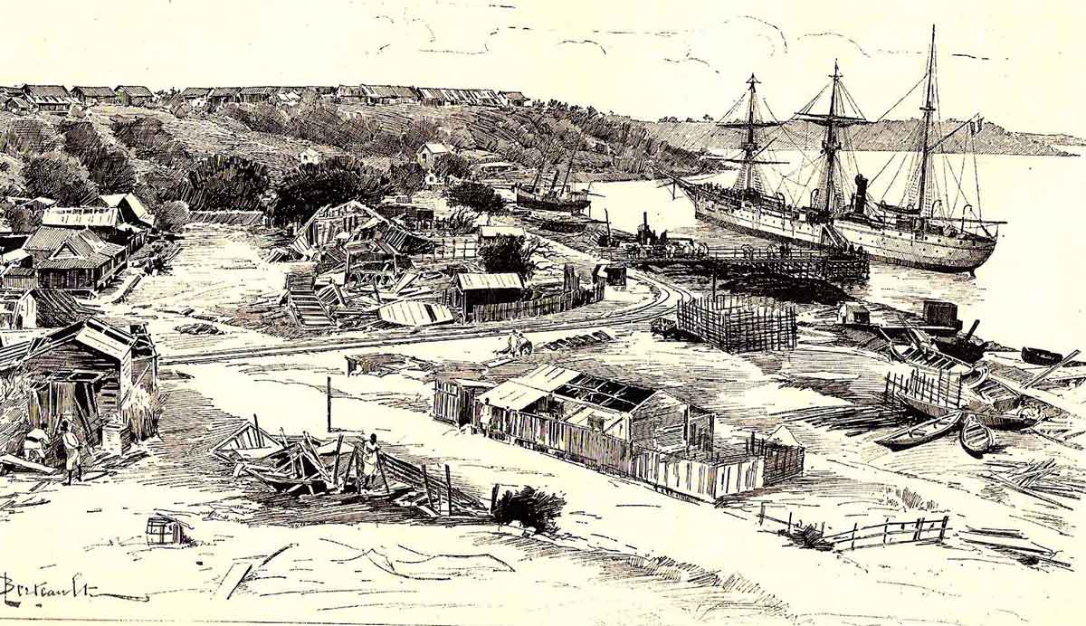 Le port de Diego Suarez après le cyclone du 5 février 1894 : le navire l’Eure est échoué